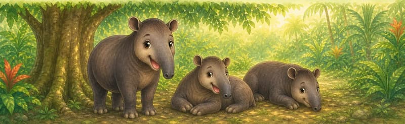 Diana standing in the dappled shade of a large jungle tree, with one or two other tapirs nearby. The bright sun is suggested just outside the shaded area. Mood: caring, responsible, comfortable in the shade.