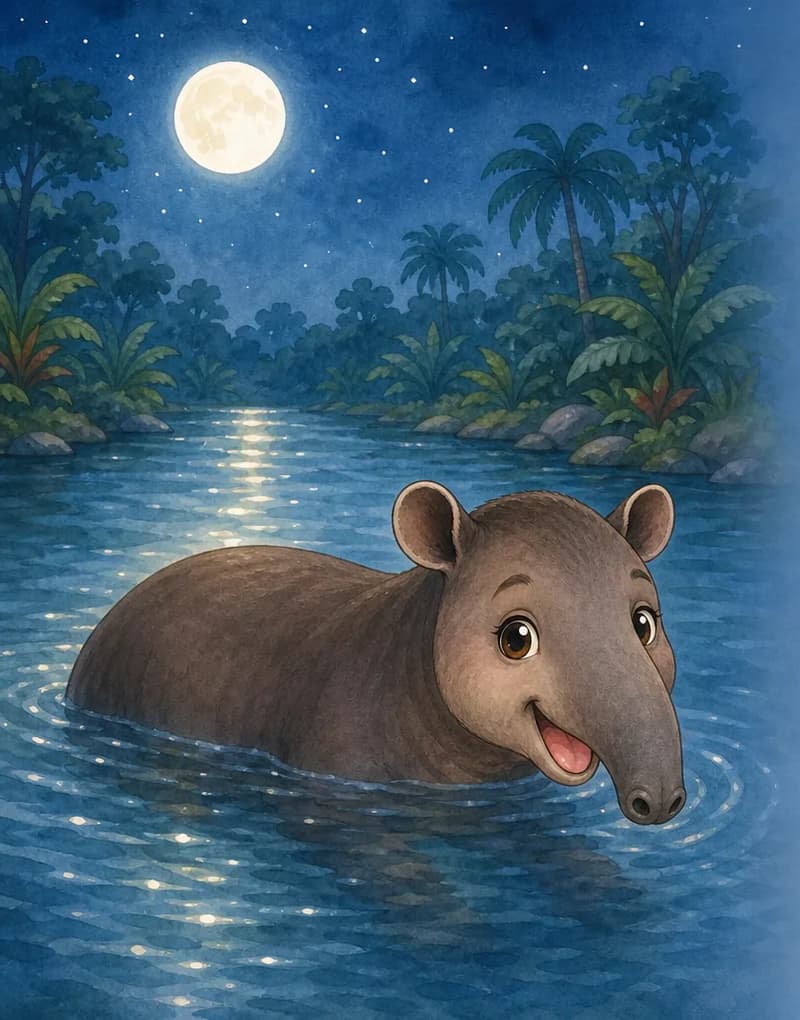 A night scene: Diana wading into a calm river, partly submerged, swimming gracefully under a soft moonlit sky. The water ripples gently around her. Mood: peaceful and serene.