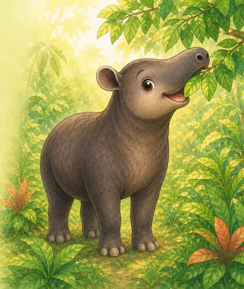 Morning light. Diana stands among low jungle plants reaching her long snout up to a leafy branch and gently nibbling a leaf. Some plants and tree foliage are around her. Mood: alert, content, fed.
