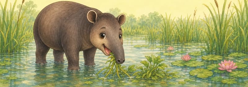 Diana standing in a shallow wetland, lowering her long snout to pull at an aquatic plant. Water reeds and lily pads around. Mood: easy, capable, calm.