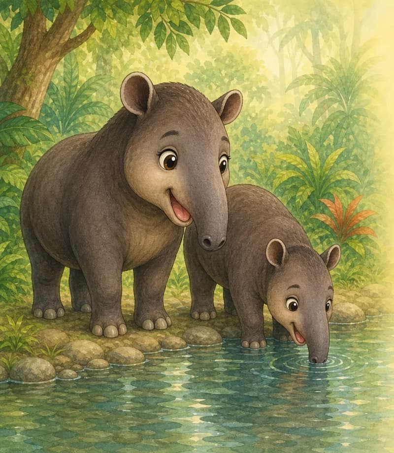 Diana and her grandmother Dora at the edge of a river. Diana lowers her snout to take a drink while standing close to Dora, who looks on warmly. Mood: tender, familial, peaceful.