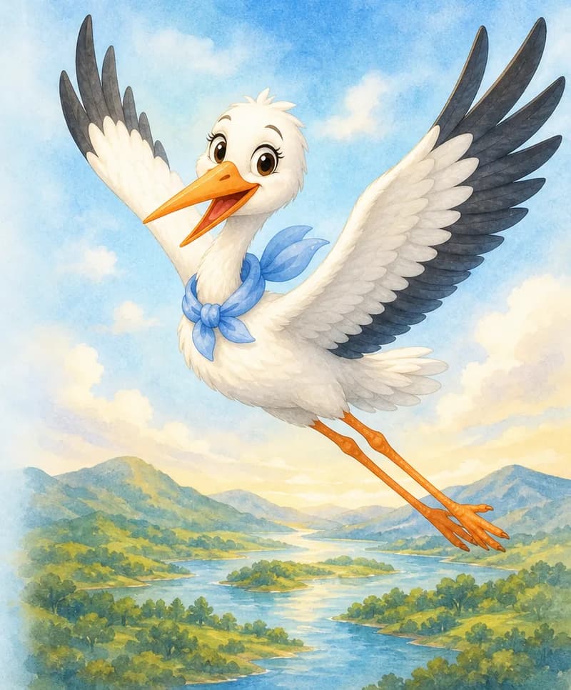 Agüita in mid-flight migrating between two destinations. She flies through an open sky with her wings spread wide, long orange legs trailing behind. The mood suggests her travel and bilingual life — confident, well-travelled. Keep symbolism light; no recognisable city silhouettes or flags required. Mood: graceful migration.