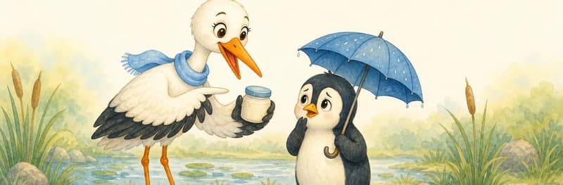 Agüita stands beside Pitágoras the penguin, who holds a small umbrella over himself with one flipper and looks worried about his sore legs. Agüita peers at a small bottle/jar of ointment in her beak or held in her wing, explaining what it says. Pitágoras listens attentively. Mood: helpful, kind problem-solving. No written text or labels on the jar.