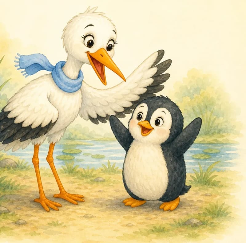Pitágoras stands happily without his umbrella, free of pain, his flippers raised in joy. Beside him, Agüita beams warmly, her wings slightly spread in a friendly gesture. Mood: warm friendship, healing, and gratitude — closing feel-good page.