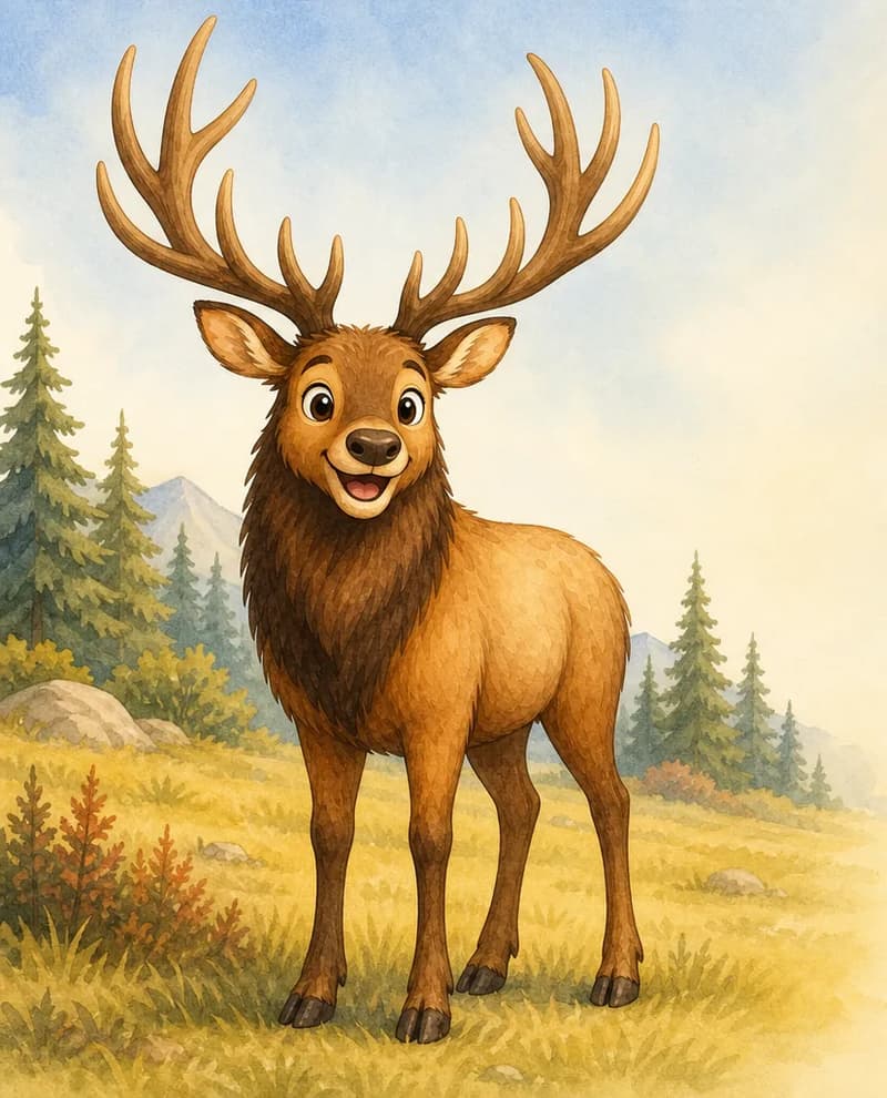 Introduce William. Show him in a confident, full-body standing pose so the reader can clearly see his large body, the mane on his neck, and his branching antlers. He has an impressive, dignified look. Setting: open field with a slight hint of Canadian forest in the distance.