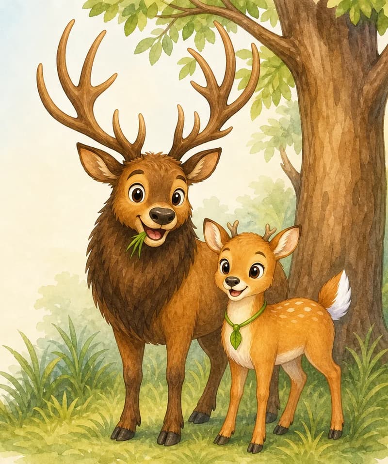 William and Víctor stand together in a grassy area, side by side so the reader can compare their builds — William is clearly larger with a mane and bigger antlers; Víctor is smaller, smooth-furred, with much smaller antlers and a white tail. One of them might be nibbling grass or tree bark to illustrate the diet.