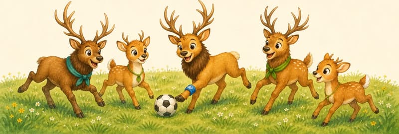 An outdoor soccer-style game on a grassy field. William, Walter, and Wilfredo (three wapiti with antlers) are playing alongside Víctor and one or two other deer; the three wapiti friends Waleska, Wendy, and Waldina may stand together a bit further back. One of the wapiti kicks a soccer ball. The scene is energetic and friendly.