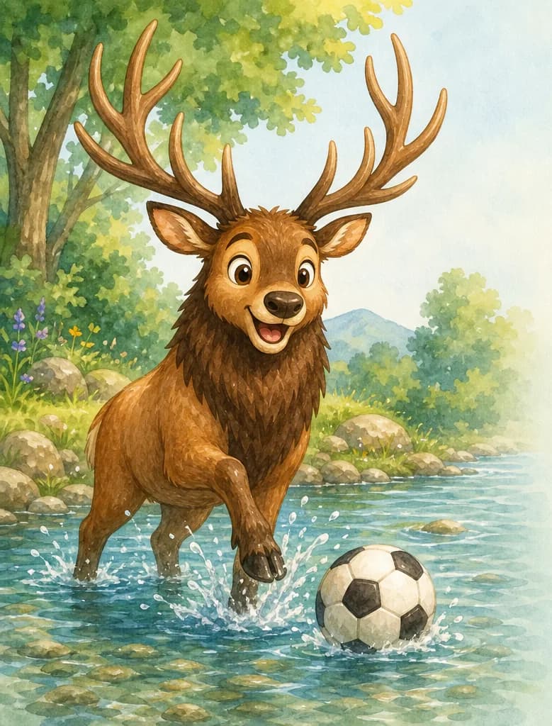 William stands in the shallow water of a park stream, splashing happily as he plays soccer. The water comes up to his lower legs. A soccer ball floats nearby. His warm, glowing expression shows that the water keeps him cool. Stream banks visible.