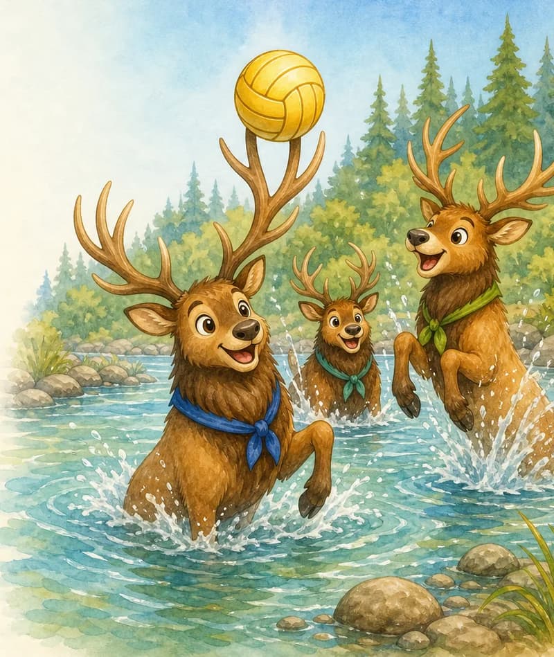 William, Walter, and Wilfredo are in the shallow stream playing water polo together — one of them is balancing or passing the ball with his antlers, another is leaping up for a header. Lots of motion, splashing water, and joyful expressions. The three cousins are clearly grouped together.