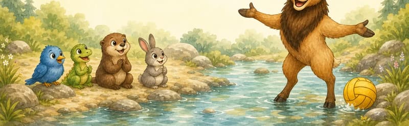 William stands at the edge of the stream, gesturing warmly to invite participants. A small group of tiny animals sits on the bank watching with delight as audience members. The mood is welcoming and celebratory — the closing page of the tournament announcement.
