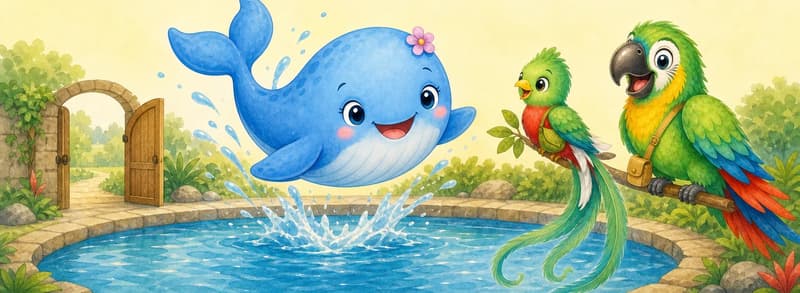 Berta the whale mid-leap above her park pool, spinning gracefully in the air with a joyful expression. A simple open gate or door is visible at the edge of the pool. Quique and Paco can be perched or hovering nearby as spectators. Mood: spectacular and joyful — but with the gate quietly left open as a setup.