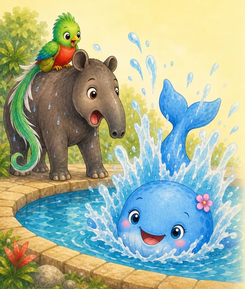 Diana stands at the edge of the pool with Quique perched on her back or just beside her. A big splash of water erupts in front of them as Berta hits the water. Their expressions show surprise. Mood: surprise moment, the SPLASH.