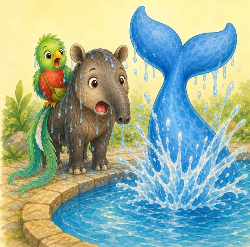 Berta's great tail is visible slapping down on the surface of the pool sending water spraying outward. Diana and Quique stand at the pool edge fully drenched, water dripping from them, with wide-eyed shocked expressions. Mood: chilly surprise, comic moment.