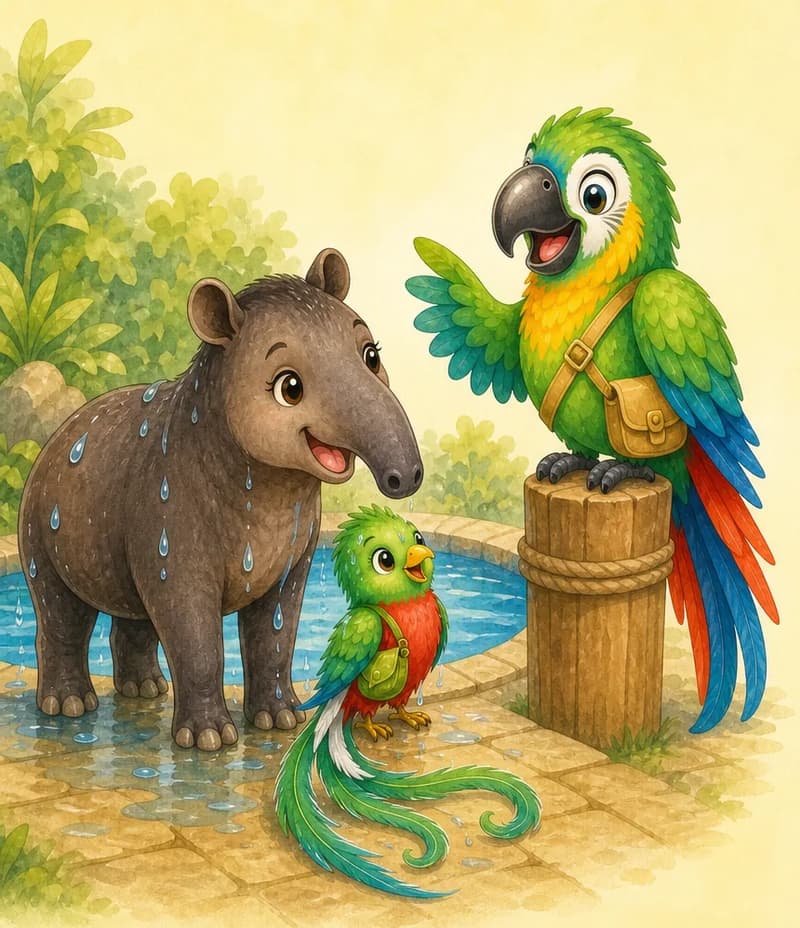 Diana, still damp, looks toward Paco who has landed on a nearby post or the pool edge. Paco's expression is regretful but playful, one wing slightly raised in a "if only I'd been here" gesture. Quique stands wet beside Diana. Mood: conversation, gentle humour.