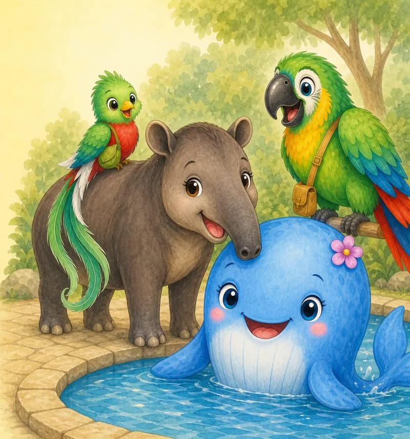 A group friendship portrait of all four: Berta at the edge of her pool with her head and great tail visible, Diana standing on the pool deck close to her, Quique perched on Diana's back, and Paco perched on the pool edge or hovering close. All four smile warmly together. Mood: warm closing — the inseparable friends.