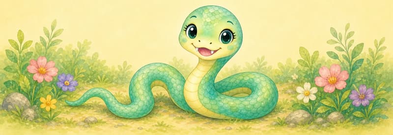 Introduce Sara. Show her in a friendly coiled or gently curving pose so the reader can see her scaly body and small fangs. Simple background.