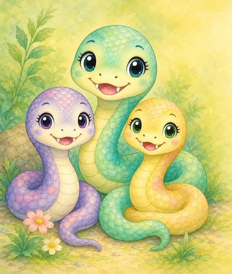 Sara together with her two snake siblings, all gently coiled side by side as a family. Warm, sibling-friendly mood. Simple background.