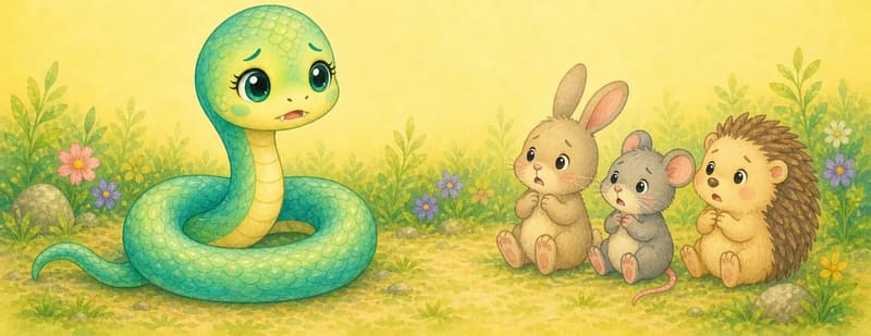 Sara is alone on one side, looking gentle and sad, while a small group of unnamed animals backs away from her with worried, fearful expressions on the other side. Mood: misunderstanding.