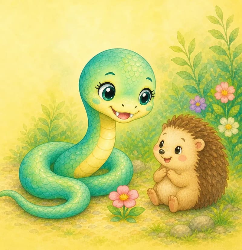 Sara the small green snake sits coiled beside a small hedgehog, the two smiling warmly at each other with a pink flower blooming between them. No helping action — they are simply sitting together happily. The hedgehog sits on the right among leafy plants and pink, purple and white flowers; the left side is open soft yellow background. Both look kind and content. Closing-page warm feel.