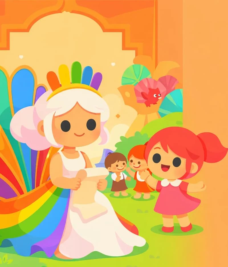 On the left side of the image, The Rainbow Queen is seated, smiling gently as she reads a letter she holds in her hands. She wears a white sleeveless floor-length dress with bold rainbow stripes along the outer edges, and a golden crown adorned with upright rainbow-colored feather-like points on her fluffy white-to-pale-pink hair. Behind her, through a large ornate archway, Kate — a small chibi girl with coral-red hair in side-swept bangs and a short ponytail, wearing a pink A-line dress with a white peter pan collar and red mary jane shoes — plays joyfully on a green lawn, clapping her hands and grinning alongside two other small fairy children. The scene is set in the late afternoon with warm golden-orange light bathing the palace courtyard, and colorful fan-shaped plants and a small red bird frame the archway. The right ~40% of the image is plain warm orange background, clear for text.