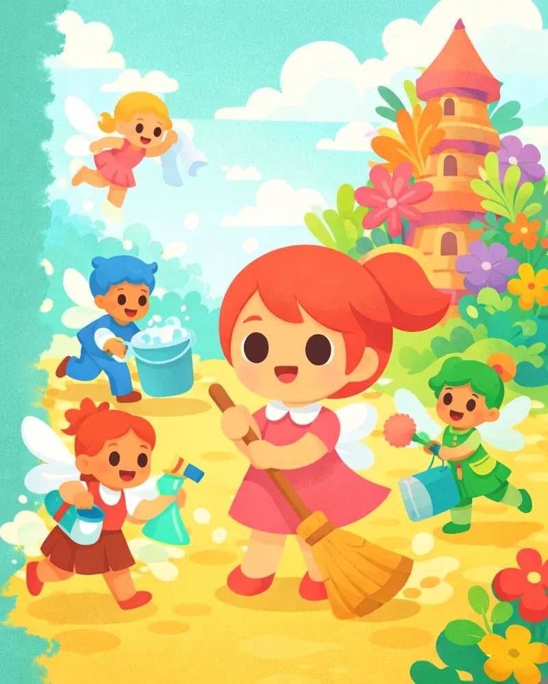 On the right side of the image, Kate — with her coral-red hair and pink A-line dress — is among a group of fairies energetically cleaning and tidying. The fairies are bustling about — some are flying, some are running across a warm golden floor, all with cheerful, excited expressions. Kate and the other fairies carry brooms and cleaning supplies as they rush around. In the background on the right, a colorful tower with vibrant oversized flowers and lush foliage rises into a bright, cloud-dotted sky. The left side of the image is plain teal-green sky, left clear for text.