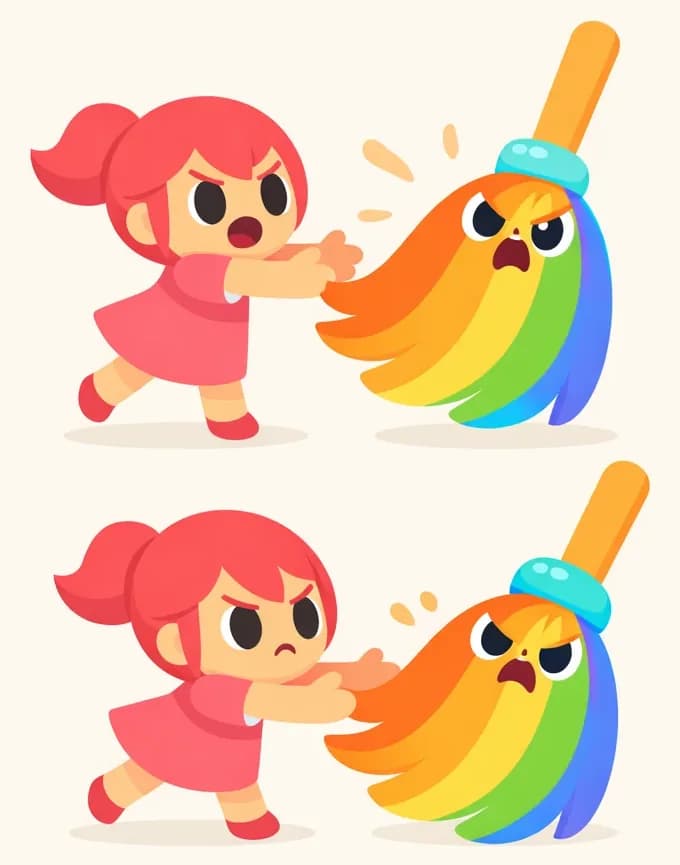 On the left side of the image, two sequential panels show Kate attempting to grab The Rainbow Broom. In the top panel, Kate reaches forward with a determined expression, trying to grasp The Rainbow Broom — a teardrop-shaped feather duster with flowing rainbow-colored bristles in orange, yellow, green, and blue stripes, a turquoise band collar, and a warm orange wooden handle — which appears to be pulling away from her with an angry, growling face in the center-upper area of its bristles. In the bottom panel, Kate leans in closer with a frustrated expression while The Rainbow Broom continues to resist, looking cranky and defiant with its large round white eyes narrowed. The scene is set indoors against a plain, warm cream background. The right ~40% of the image is empty background suitable for text overlay.