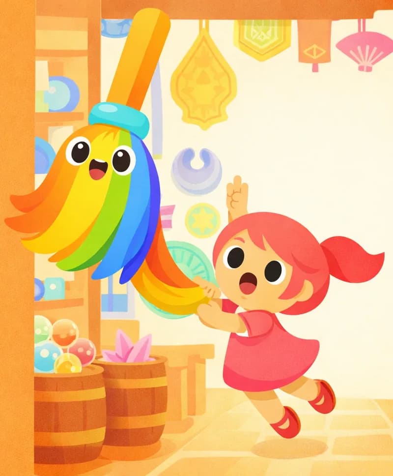 On the right side of the image, The Rainbow Broom is flying upward through what appears to be an indoor hallway lined with shelves, its rainbow-colored bristles trailing below in flowing orange, yellow, green, and blue stripes. Kate is on the right, mouth wide open in a surprised and alarmed expression, gripping onto the bristle end of The Rainbow Broom as she is lifted off her feet, her red mary jane shoes dangling in the air. The background shows a display wall of colorful decorative items — shields, plates, fans, and ornaments — with glass baubles and wooden barrels on a countertop below. The left side of the image is a plain warm orange-tan background.