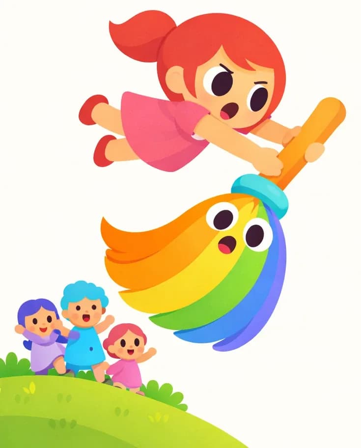 On the left side of the image, Kate leaps through the air with a determined expression, arms outstretched, diving onto The Rainbow Broom as it tries to fly away. She grabs the broom mid-flight, pulling it downward toward a grassy hilltop. The Rainbow Broom has its warm orange wooden handle at top and its teardrop-shaped body of flowing rainbow-colored bristles below, with a startled expression on its face in the center-upper area of the bristles. Below them on the hill, several small onlookers watch with surprised expressions. The right ~40% of the image is plain light blue sky background.