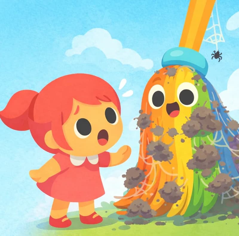 On the right side of the image, Kate is shown from a low angle, leaning forward with a surprised and concerned expression, mouth open in shock, as she examines The Rainbow Broom up close. The Rainbow Broom looms large beside and above her, its rainbow-colored bristles wild and tangled, covered in clumps of gray dirt and cobwebs, with a small spider dangling from its warm orange wooden handle. The broom's normally vibrant orange, yellow, green, and blue bristle stripes are dulled and matted with grime. The scene is set outdoors against a bright blue sky with soft clouds, and the left side of the image is plain sky, clear for text overlay.