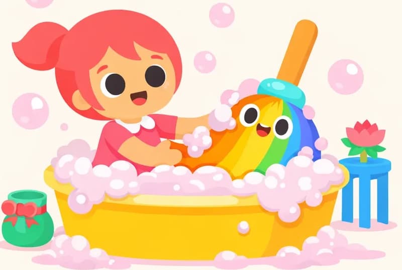 On the left side of the image, Kate kneels inside a large yellow bathtub overflowing with pink soap bubbles, smiling cheerfully as she scrubs The Rainbow Broom with both hands. The Rainbow Broom's warm orange wooden handle sticks up out of the sudsy water at an angle, its rainbow-colored bristles submerged in the soapy foam. Bubbles float up into the air around them, and soapy foam spills over the tub's edges onto the floor. Beside the tub on the right is a small blue stool with a flower on it, and a green jar with a ribbon sits on the floor to the left. The scene is set indoors against a plain warm cream background, with all action grouped on the left third of the image.