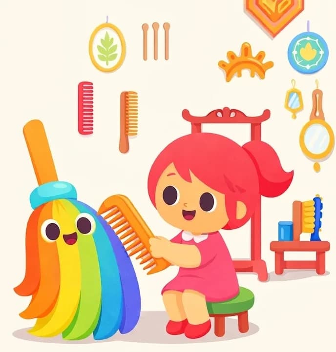 On the right side of the image, Kate sits on a small green-topped stool with red legs, smiling happily as she combs and smooths the bristles of The Rainbow Broom with a large orange comb held in both hands. The Rainbow Broom stands just to her left, its long, flowing bristles falling in wavy rainbow stripes of orange, yellow, green, and blue, with a friendly, happy face in the upper area of the bristles, a teal band at its collar, and a straight warm orange wooden handle rising upright above. Kate has bright red-pink hair in a side ponytail, dark round eyes, a pink dress with a white collar, and red shoes. The indoor scene is set in a cozy craft room with various combs, brushes, mirrors, and decorative framed items hanging on the wall behind them, a tall red wooden mirror stand standing behind Kate, and a small red table nearby holding a blue brush and other grooming items. The left side of the image is open, plain cream background space.