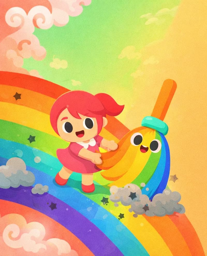 On the left side of the image, Kate stands on a large, curving rainbow, smiling with a determined expression as she sweeps away clouds of gray dust and dark star-shaped debris from the rainbow's colorful stripes. She is holding The Rainbow Broom, whose teardrop-shaped body of clean, vibrant rainbow-colored bristles fans out at the sweeping end, and who has a cheerful, happy face in the center-upper area of its bristles with large round white eyes and a small open mouth. Together they are actively brushing the grime off the bands of red, orange, yellow, green, blue, and purple. The scene is set outdoors against a bright green and warm golden sky with swirling pink and orange clouds in the upper-left corner. The right side of the image is plain warm golden background.