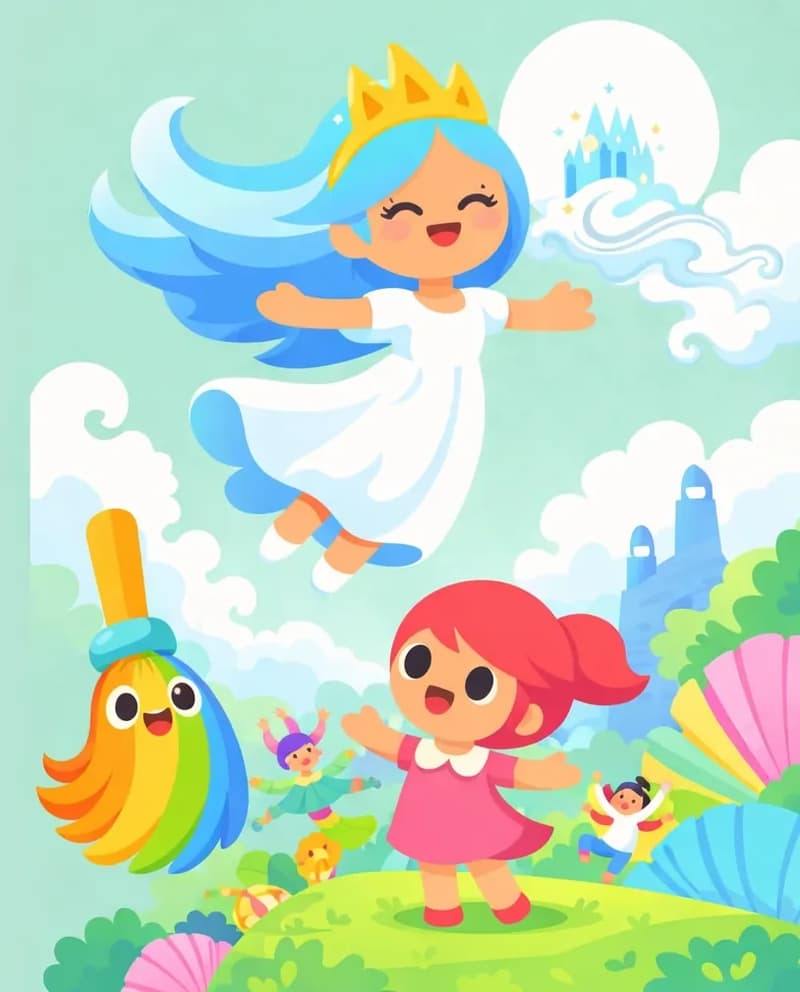 On the right side of the image, Kate stands on a grassy hilltop with arms spread wide, looking up at the sky with an excited expression, while The Rainbow Broom hovers nearby with a cheerful face in its clean rainbow-colored bristles. The Wind Princess descends dramatically from the upper right, emerging from swirling clouds with arms outstretched and a joyful expression. She has long flowing sky-blue hair swept to the left, a golden three-pointed crown, and a flowing white gown with soft light-blue shading and light-blue ankle-strap shoes. A magical cloud castle is visible behind her in the sky. The scene is set outdoors on a bright day with a soft teal-green sky, colorful fan-shaped flora, and a whimsical tower in the background. The left ~40% of the image is plain teal-green background. Several small fairy-like figures cheer among the colorful plants on the right side.