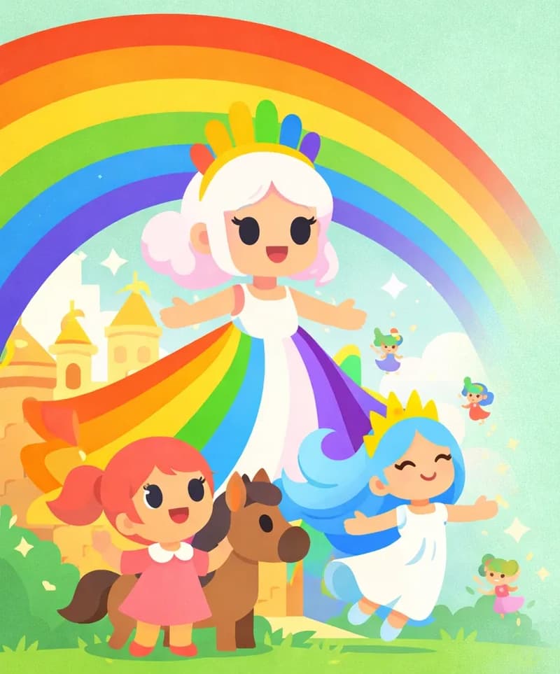 On the left side of the image, The Rainbow Queen stands proudly at the center atop her tower, smiling warmly with her arms slightly outstretched. She wears her white sleeveless floor-length dress with bold rainbow stripes along the outer edges, its wide flowing skirt fanning out dramatically behind her, and her golden crown adorned with rainbow-colored feather-like points sits atop her fluffy white-to-pale-pink hair. A grand rainbow arches overhead. Kate is in the lower-left, looking up at The Rainbow Queen with an open-mouthed, joyful expression of pride, standing beside a brown horse. The Wind Princess stands just behind Kate, her long sky-blue hair flowing and golden three-pointed crown glinting, also gazing toward the tower with a happy expression. Small fairies flutter around the base of the tower near The Rainbow Queen, celebrating. The right ~40% of the image is plain soft green watercolor background.