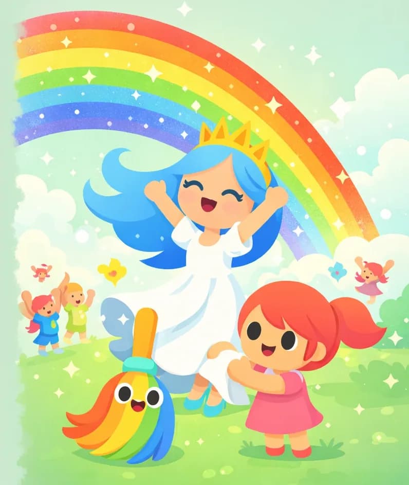 On the right side of the image, The Wind Princess stands tall with her arms raised, her long sky-blue hair flowing and golden three-pointed crown gleaming, gazing up admiringly at a large sparkly rainbow arching across the sky above her. She has a proud, joyful expression. Kate is visible in the lower right, holding The Rainbow Broom — now clean with vibrant rainbow-colored bristles and a happy face — and wiping it down carefully, looking happy and proud. Several fairies surround them, celebrating with raised arms beneath the glittering rainbow. The scene is set outdoors against a soft, cloudy sky with swirling winds and sparkles.