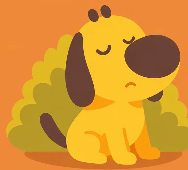 Pup is sitting on the left side of the image in front of a bush, looking upward with a drowsy, slightly annoyed expression and closed eyes, as if bothered by the loud chirping sounds. The outdoor scene has a warm, golden-orange background suggesting a sunny afternoon. The right side of the image is plain open background.