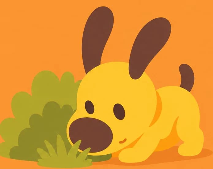 Pup is on the right side of the image, crouching low and sniffing around a patch of grass and bushes with a curious, alert expression and ears perked high as he searches for the source of the chirping sounds. The outdoor scene has a warm golden-orange background suggesting a sunny day. The left side of the image is plain open background.