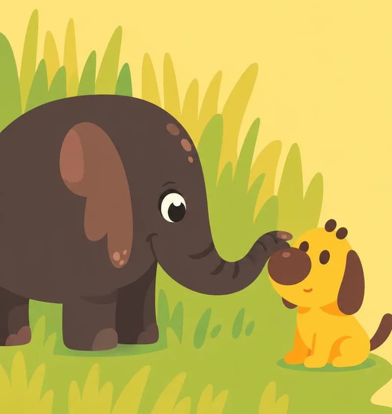 On the left side of the image, Trunk stands in the grass, leaning forward with his trunk extended toward Pup. Pup sits facing Trunk, looking up with a curious, happy expression, ears perked and tail raised. The two are close together, as if greeting each other. The scene is set outdoors in a sunny backyard meadow with green and golden grass that fills the background.