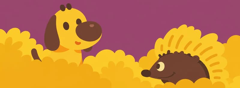 In the lower half of the image, Pup peeks out from behind a golden-yellow bush on the left, looking toward the right with a curious, wide-eyed expression and mouth slightly open. Spike stands in the lower right, partially nestled among the bushes with quills raised, facing toward Pup. The scene is set outdoors in a field of dense golden bushes against a warm late-afternoon sky.