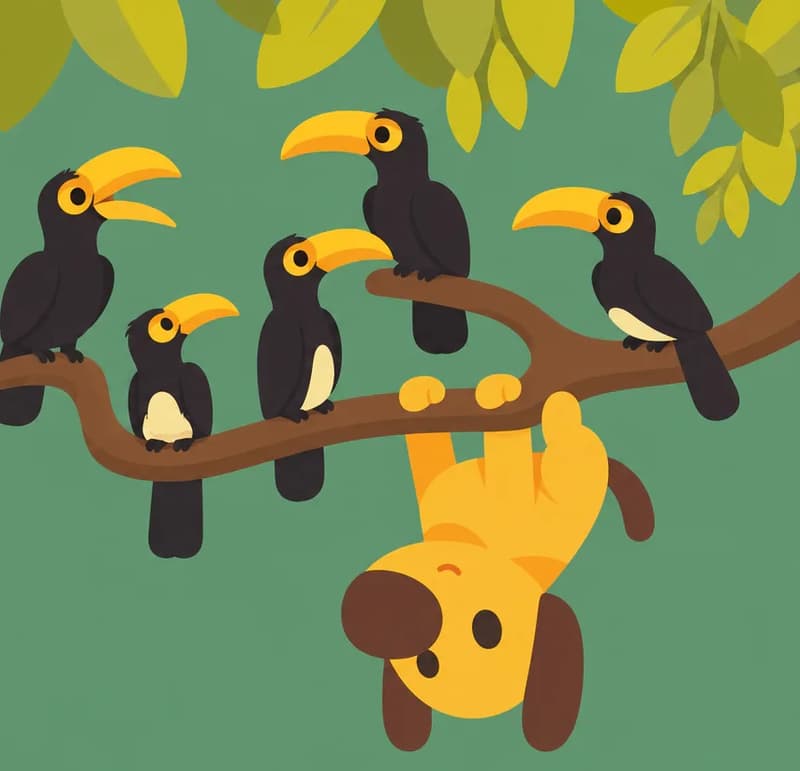 On the right side of the image, Pup hangs upside down from a thick tree branch, gripping it with all four paws, looking up with a curious, wide-eyed expression. Several toucans are perched along the branches around and above Pup, sitting calmly and facing various directions. The scene is set outdoors among leafy tree branches with a muted green background.