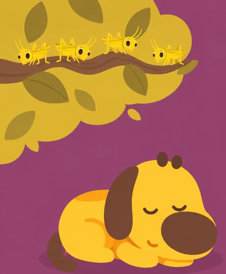 On the left side of the image, Pup is curled up on the ground with eyes closed and a peaceful, content smile, finally settling down for a nap. Several small crickets are perched on the leafy branch in the upper-left corner, sitting quietly. The outdoor scene has a warm, dusky reddish-purple background suggesting evening twilight, with the right side of the image left as plain background.