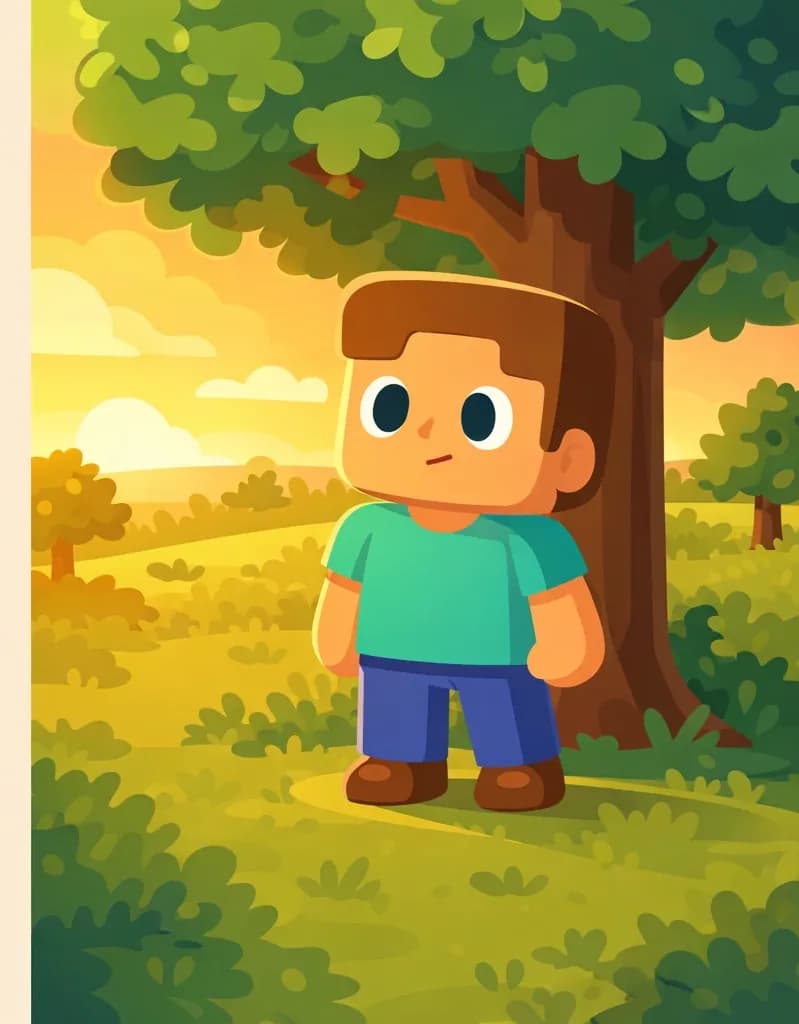 On the right side of the image, Steve stands beneath a large tree in an open plains biome during golden-hour lighting, with a warm sunset glow painting the sky in golds and oranges behind him. He has a determined expression, standing upright and looking outward as if searching for someone. The left side of the image is clear plain background. The scene is outdoors with rolling grassy terrain and scattered trees visible in the distance.