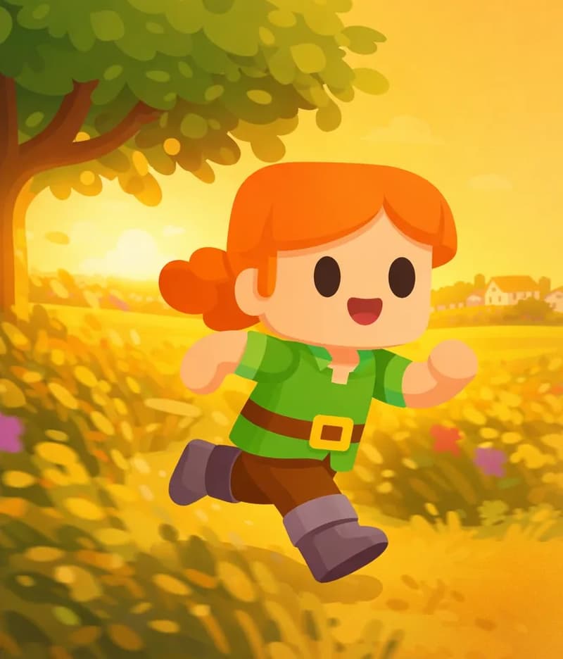 On the left side of the image, Alex is running at full speed through open fields, dashing past a large tree with a leafy canopy overhead. Tall crops and wildflowers blur past her as she sprints, her orange hair and green tunic clearly visible against the golden landscape. She has an excited, mischievous expression as she searches for a hiding spot. In the background, a suburban neighborhood with houses and fences is visible far off in the distance. The scene is set in warm golden-hour lighting matching the sunset from the previous page. The right side of the image is open sky and plain background, clear for text overlay.