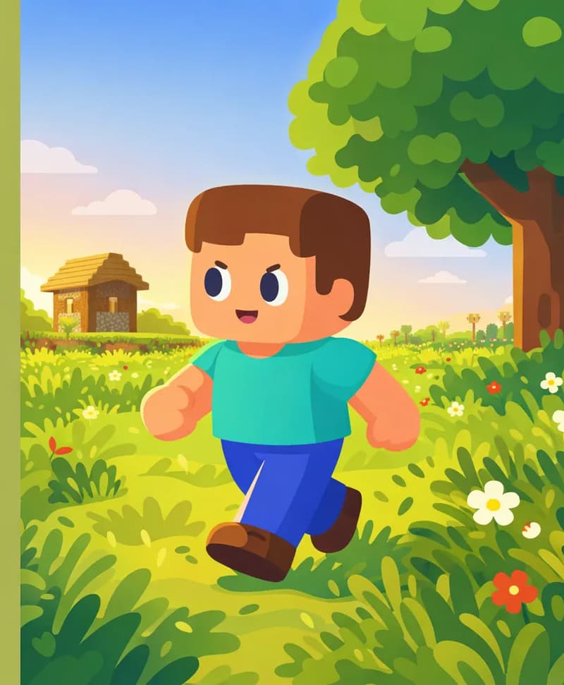 On the right side of the image, Steve walks with big, determined steps through a field of tall grass near a large old oak tree, scanning left and right with a focused expression. The grass sways around his legs as he strides forward mid-step, searching actively. The scene is set outdoors in warm golden-hour lighting with a wooden house sitting quietly in the distance and scattered flowers across the grassy landscape. The left side of the image is open background suitable for text overlay.