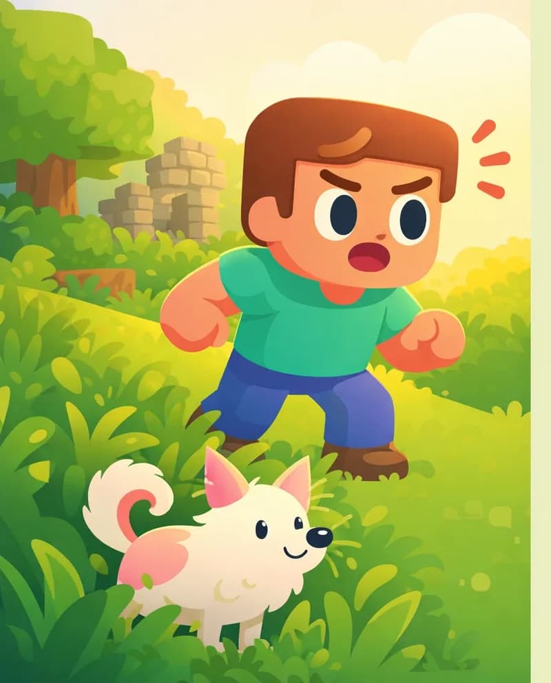 On the left side of the image, Steve stands on a grassy hillside, his eyes wide and brows furrowed, mouth open in a startled, alert pose as if he just heard a twig snap, with small red alert lines beside his head. He wears a teal shirt and blue trousers, his fists clenched and body tensed like a hunter on the chase. Below him in the tall grass, The Dog — a small, round-bodied dog with a fluffy white coat, pink shading on its ears and curled fluffy tail, and a black nose — stands clearly visible, smiling up happily. A crumbling stone ruin peeks out from the trees behind Steve. The scene is set outdoors in warm golden-hour lighting with a lush green landscape, blocky trees, and tall grass. The right side of the image is open pale-green background for text overlay.