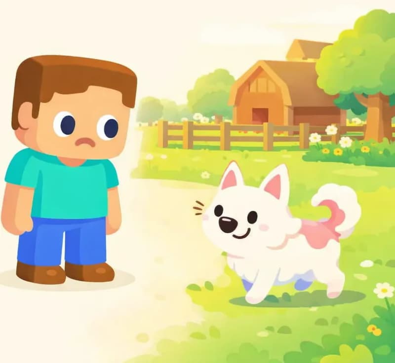 On the left side of the image, Steve stands on the grassy field looking down at The Dog with a mix of relief and disappointment, his shoulders slightly slumped — it's not Alex. On the right side, The Dog stands facing the viewer with a happy expression and tail curled up, a small round-bodied dog with a fluffy white coat, thin black stick-like legs, and pink accents. Behind them, a farm with a wooden barn and fenced area is visible in the mid-ground, surrounded by green trees and flowers. The Dog is mid-trot, about to cheerfully head off on its own adventure. The scene is set outdoors in warm golden-hour lighting with a soft sky and gentle clouds.