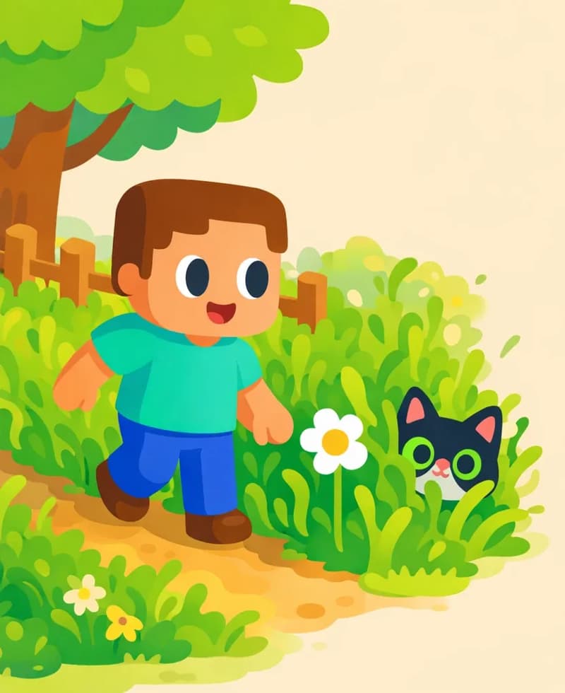 On the left side of the image, Steve steps off a dirt path and heads into a patch of tall grass beneath a large tree, his eyes focused intently on the grass ahead with a curious, hopeful expression. A wooden fence lines a yard behind him. Partially hidden deep in the tall grass, a small glimpse of Brat Cat is barely visible — just a hint of black-and-white fur and bright green eyes peeking through the blades, suggesting something is lurking there. The scene is set outdoors in warm golden-hour lighting with lush green grass and scattered flowers. The right side of the image is open sky and plain background, clear for text overlay.