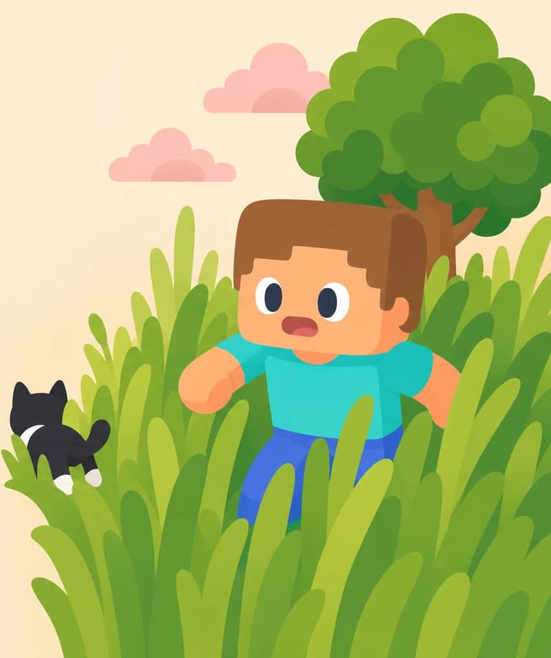 On the right side of the image, Steve stands in a field of tall grass that reaches up to his chest, pushing through it like wading through a wave. He has a determined but slightly frustrated expression, still searching. A large leafy tree is visible behind him. In the left-center background, Brat Cat — a small black-and-white tuxedo cat — is glimpsed slipping away through the grass, its fluffy tail disappearing into the foliage as it slinks off. Pink clouds drift across the quiet golden-hour sky above. The left side of the image is plain background suitable for text overlay.
