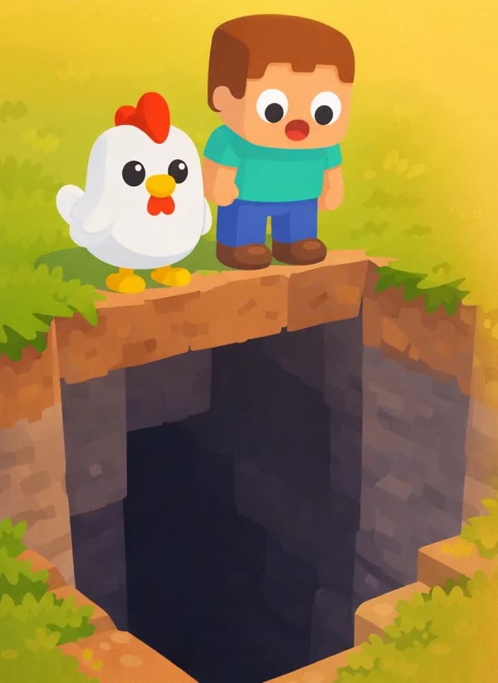 On the left side of the image, a large dark mine shaft or hole opens up in the grassy field, with exposed dirt and stone walls descending steeply into darkness below — an old mine dug long ago for coal. On the right side, Steve stands at the edge of the hole looking down into it with a surprised expression. Near the edge of the hole, Chicken — a cute, round white chicken with a bright red comb, small yellow-orange beak, and large round black eyes — stands peering down into the dark depths with calm, naive eyes. The scene is set outdoors in warm golden-hour lighting with green grass surrounding the mine opening.