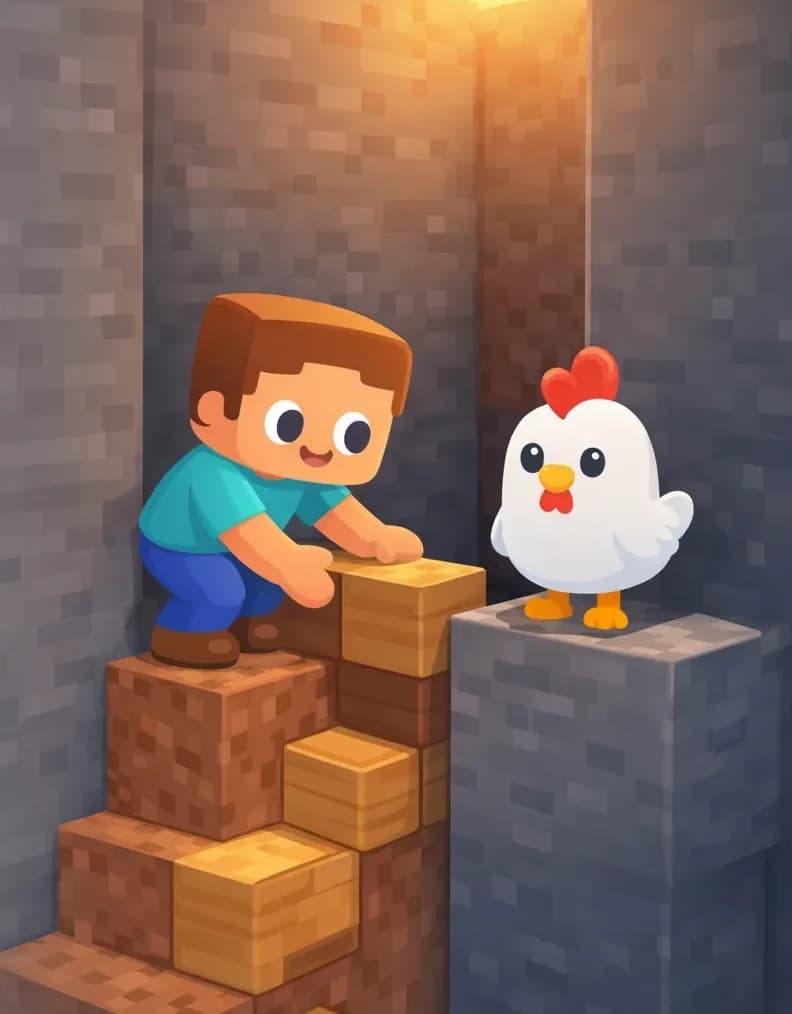 On the right side of the image, inside the deep stone-walled hole, Steve is crouched partway down, actively building a ramp out of dirt and wooden blocks to help Chicken escape. He has a kind, focused expression as he works. Chicken stands on a stone ledge nearby, looking out with calm, naive eyes, waiting patiently to be rescued. The hole is made of dark gray stone blocks with patches of reddish-brown dirt on the walls. Warm golden-hour light filters down from the opening above. The left side of the image shows the stone wall interior, with space for text overlay.